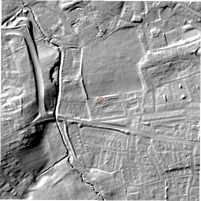 Shaded relief map of the ground around DH45DN, computed from Environment Agency LiDAR. The ground here sits at about 43 m above sea level and falls 14 m across the surrounding 800 m. Surface water reaching this point runs off ground lying to the east-north-east, 9.0 m higher.