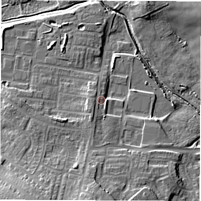 Shaded relief map of the ground around DH45ND, computed from Environment Agency LiDAR. The ground here sits at about 45 m above sea level and falls 17 m across the surrounding 800 m. Surface water reaching this point runs off ground lying to the south-south-west, 3.7 m higher.