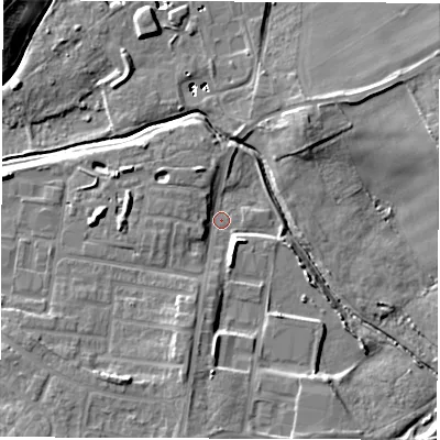 Shaded relief map of the ground around DH45NH, computed from Environment Agency LiDAR. The ground here sits at about 40 m above sea level and falls 12 m across the surrounding 800 m. Surface water reaching this point runs off ground lying to the south, 7.7 m higher.
