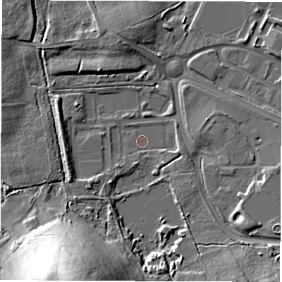 Shaded relief map of the ground around DH45NL, computed from Environment Agency LiDAR. The ground here sits at about 45 m above sea level and falls 34 m across the surrounding 800 m. Surface water reaching this point runs off ground lying to the south-south-west, 32.3 m higher.