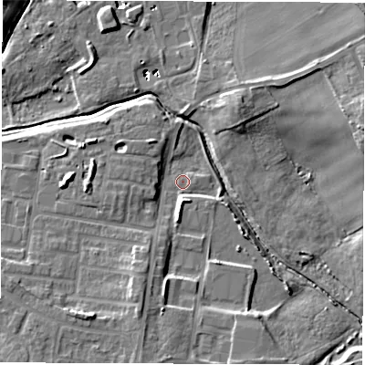 Shaded relief map of the ground around DH45NQ, computed from Environment Agency LiDAR. The ground here sits at about 40 m above sea level and falls 13 m across the surrounding 800 m. Surface water reaching this point runs off ground lying to the south, 7.7 m higher.