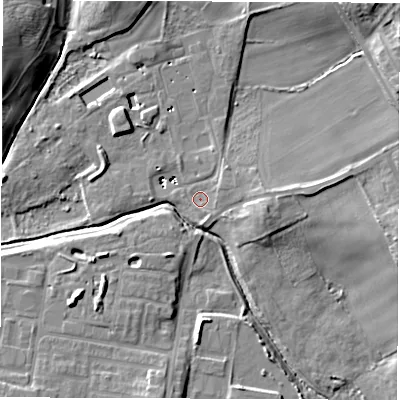 Shaded relief map of the ground around DH45PL, computed from Environment Agency LiDAR. The ground here sits at about 40 m above sea level and falls 19 m across the surrounding 800 m. Surface water reaching this point runs off ground lying to the east, 3.7 m higher.