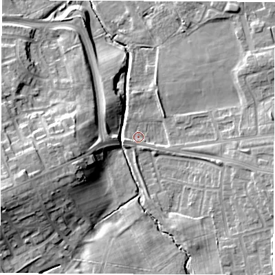 Shaded relief map of the ground around DH45PX, computed from Environment Agency LiDAR. The ground here sits at about 42 m above sea level and falls 17 m across the surrounding 800 m. Surface water reaching this point runs off ground lying to the east-north-east, 8.0 m higher.