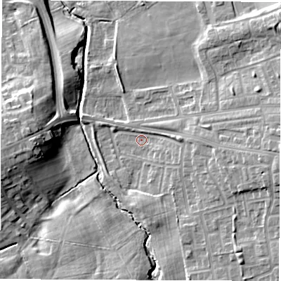 Shaded relief map of the ground around DH45PY, computed from Environment Agency LiDAR. The ground here sits at about 42 m above sea level and falls 14 m across the surrounding 800 m. Surface water reaching this point runs off ground lying to the east, 8.4 m higher.