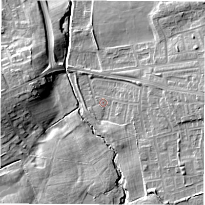 Shaded relief map of the ground around DH45PZ, computed from Environment Agency LiDAR. The ground here sits at about 42 m above sea level and falls 14 m across the surrounding 800 m. Surface water reaching this point runs off ground lying to the east, 7.5 m higher.