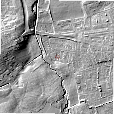 Shaded relief map of the ground around DH45QA, computed from Environment Agency LiDAR. The ground here sits at about 42 m above sea level and falls 14 m across the surrounding 800 m. Surface water reaching this point runs off ground lying to the east, 7.6 m higher.
