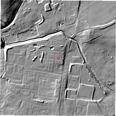 Shaded relief map of the ground around DH46FW, computed from Environment Agency LiDAR. The ground here sits at about 43 m above sea level and falls 16 m across the surrounding 800 m. Surface water reaching this point runs off ground lying to the south-west, 1.7 m higher.
