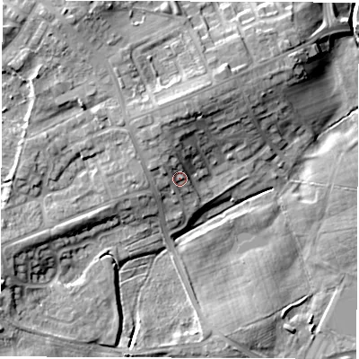 Shaded relief map of the ground around DH46NE, computed from Environment Agency LiDAR. The ground here sits at about 51 m above sea level and falls 17 m across the surrounding 800 m. Surface water reaching this point runs off ground lying to the north-north-west, 6.3 m higher.