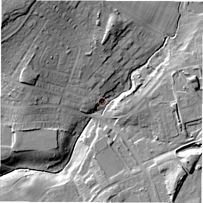 Shaded relief map of the ground around DH47AH, computed from Environment Agency LiDAR. The ground here sits at about 59 m above sea level and falls 33 m across the surrounding 800 m. Surface water reaching this point runs off ground lying to the north-north-west, 23.0 m higher.