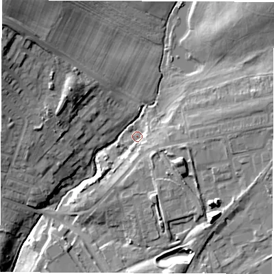 Shaded relief map of the ground around DH47AR, computed from Environment Agency LiDAR. The ground here sits at about 59 m above sea level and falls 25 m across the surrounding 800 m. Surface water reaching this point runs off ground lying to the east-south-east, 11.8 m higher.