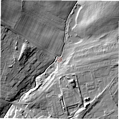 Shaded relief map of the ground around DH47AS, computed from Environment Agency LiDAR. The ground here sits at about 61 m above sea level and falls 24 m across the surrounding 800 m. Surface water reaching this point runs off ground lying to the north-west, 18.8 m higher.