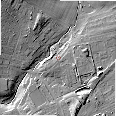 Shaded relief map of the ground around DH47AW, computed from Environment Agency LiDAR. The ground here sits at about 63 m above sea level and falls 28 m across the surrounding 800 m. Surface water reaching this point runs off ground lying to the south-south-west, 0.8 m higher.