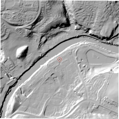 Shaded relief map of the ground around DH47PY, computed from Environment Agency LiDAR. The ground here sits at about 6 m above sea level and falls 38 m across the surrounding 800 m. Surface water reaching this point runs off ground lying to the south-east, 10.6 m higher.