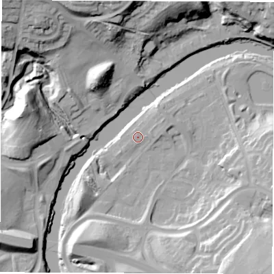 Shaded relief map of the ground around DH47PZ, computed from Environment Agency LiDAR. The ground here sits at about 6 m above sea level and falls 33 m across the surrounding 800 m. Surface water reaching this point runs off ground lying to the east-north-east, 2.9 m higher.