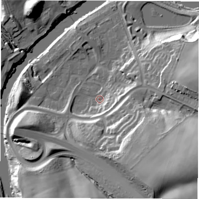 Shaded relief map of the ground around DH47SD, computed from Environment Agency LiDAR. The ground here sits at about 7 m above sea level and falls 42 m across the surrounding 800 m. Surface water reaching this point runs off ground lying to the south-east, 36.0 m higher.