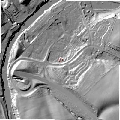 Shaded relief map of the ground around DH47SE, computed from Environment Agency LiDAR. The ground here sits at about 8 m above sea level and falls 41 m across the surrounding 800 m. Surface water reaching this point runs off ground lying to the east-south-east, 6.7 m higher.