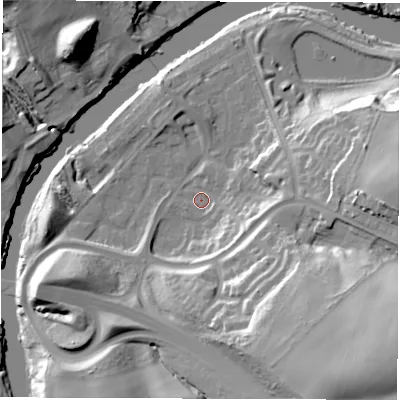 Shaded relief map of the ground around DH47SF, computed from Environment Agency LiDAR. The ground here sits at about 6 m above sea level and falls 41 m across the surrounding 800 m. Surface water reaching this point runs off ground lying to the east, 10.7 m higher.