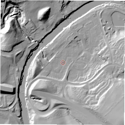 Shaded relief map of the ground around DH47SH, computed from Environment Agency LiDAR. The ground here sits at about 5 m above sea level and falls 37 m across the surrounding 800 m. Surface water reaching this point runs off ground lying to the south-east, 32.6 m higher.