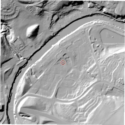 Shaded relief map of the ground around DH47SJ, computed from Environment Agency LiDAR. The ground here sits at about 6 m above sea level and falls 38 m across the surrounding 800 m. Surface water reaching this point runs off ground lying to the south-east, 33.1 m higher.