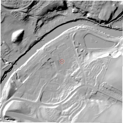 Shaded relief map of the ground around DH47SL, computed from Environment Agency LiDAR. The ground here sits at about 6 m above sea level and falls 39 m across the surrounding 800 m. Surface water reaching this point runs off ground lying to the west, 2.0 m higher.