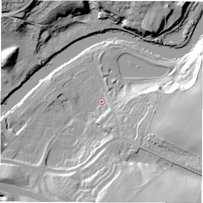 Shaded relief map of the ground around DH47SW, computed from Environment Agency LiDAR. The ground here sits at about 8 m above sea level and falls 39 m across the surrounding 800 m. Surface water reaching this point runs off ground lying to the south-east, 7.2 m higher.