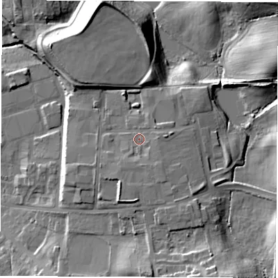 Shaded relief map of the ground around DH50RH, computed from Environment Agency LiDAR. The ground here sits at about 98 m above sea level and falls 20 m across the surrounding 800 m. Surface water reaching this point runs off ground lying to the south-south-east, 2.4 m higher.