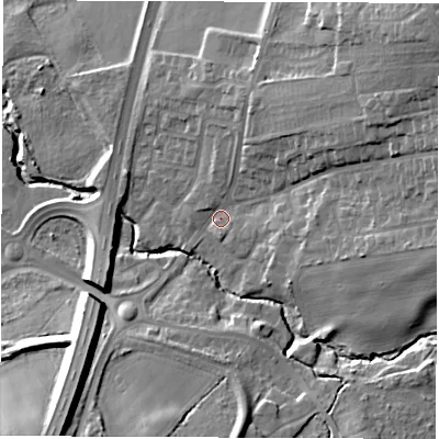 Shaded relief map of the ground around DH58NG, computed from Environment Agency LiDAR. The ground here sits at about 54 m above sea level and falls 26 m across the surrounding 800 m. Surface water reaching this point runs off ground lying to the north-east, 18.1 m higher.
