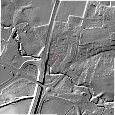 Shaded relief map of the ground around DH58NL, computed from Environment Agency LiDAR. The ground here sits at about 54 m above sea level and falls 24 m across the surrounding 800 m. Surface water reaching this point runs off ground lying to the east-north-east, 17.1 m higher.