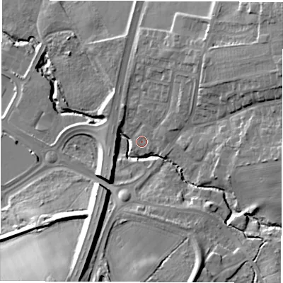 Shaded relief map of the ground around DH58NR, computed from Environment Agency LiDAR. The ground here sits at about 53 m above sea level and falls 28 m across the surrounding 800 m. Surface water reaching this point runs off ground lying to the south-south-east, 17.1 m higher.