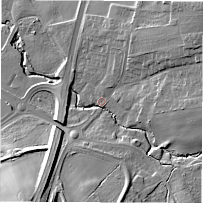 Shaded relief map of the ground around DH58NS, computed from Environment Agency LiDAR. The ground here sits at about 54 m above sea level and falls 30 m across the surrounding 800 m. Surface water reaching this point runs off ground lying to the north-east, 18.7 m higher.