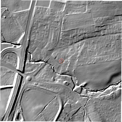 Shaded relief map of the ground around DH58NT, computed from Environment Agency LiDAR. The ground here sits at about 55 m above sea level and falls 27 m across the surrounding 800 m. Surface water reaching this point runs off ground lying to the east-north-east, 3.6 m higher.