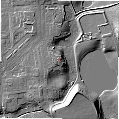 Shaded relief map of the ground around DH59DN, computed from Environment Agency LiDAR. The ground here sits at about 97 m above sea level and falls 24 m across the surrounding 800 m. Surface water reaching this point runs off ground lying to the west, 0.7 m higher.