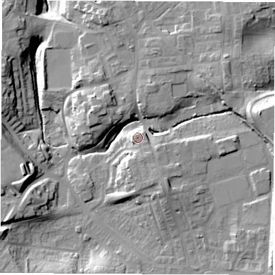 Shaded relief map of the ground around DH59HH, computed from Environment Agency LiDAR. The ground here sits at about 92 m above sea level and falls 28 m across the surrounding 800 m. Surface water reaching this point runs off ground lying to the south-east, 3.6 m higher.