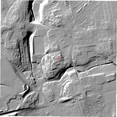 Shaded relief map of the ground around DH59JG, computed from Environment Agency LiDAR. The ground here sits at about 95 m above sea level and falls 24 m across the surrounding 800 m. Surface water reaching this point runs off ground lying to the south-west, 2.4 m higher.