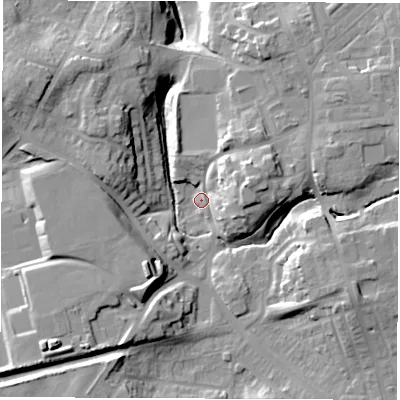 Shaded relief map of the ground around DH59JN, computed from Environment Agency LiDAR. The ground here sits at about 82 m above sea level and falls 24 m across the surrounding 800 m. Surface water reaching this point runs off ground lying to the south-west, 18.3 m higher.