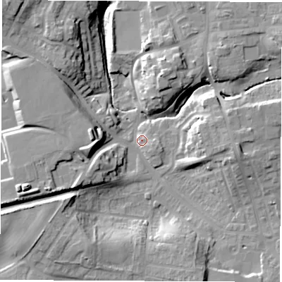 Shaded relief map of the ground around DH59JS, computed from Environment Agency LiDAR. The ground here sits at about 85 m above sea level and falls 20 m across the surrounding 800 m. Surface water reaching this point runs off ground lying to the west-south-west, 13.4 m higher.