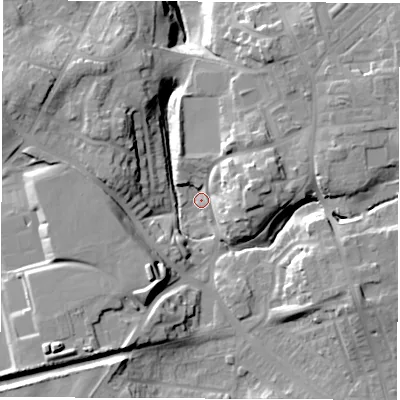 Shaded relief map of the ground around DH59JW, computed from Environment Agency LiDAR. The ground here sits at about 81 m above sea level and falls 25 m across the surrounding 800 m. Surface water reaching this point runs off ground lying to the south-west, 18.3 m higher.