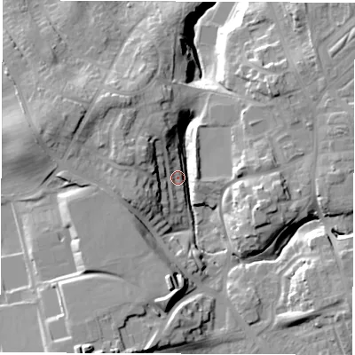 Shaded relief map of the ground around DH59LG, computed from Environment Agency LiDAR. The ground here sits at about 83 m above sea level and falls 26 m across the surrounding 800 m. Surface water reaching this point runs off ground lying to the west-north-west, 18.3 m higher.