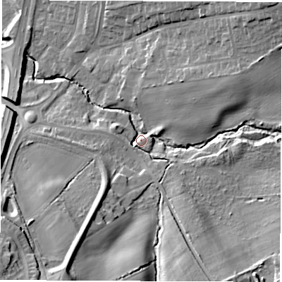 Shaded relief map of the ground around DH59NN, computed from Environment Agency LiDAR. The ground here sits at about 59 m above sea level and falls 30 m across the surrounding 800 m. Surface water reaching this point runs off ground lying to the south-south-west, 22.4 m higher.