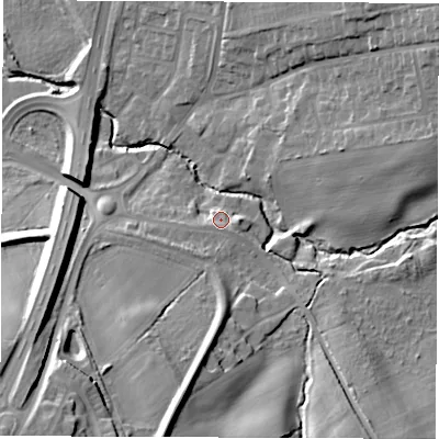 Shaded relief map of the ground around DH59NP, computed from Environment Agency LiDAR. The ground here sits at about 58 m above sea level and falls 31 m across the surrounding 800 m. The ground contributing surface water to this point lies to the south.