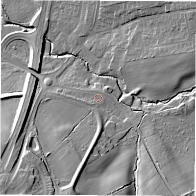 Shaded relief map of the ground around DH59NR, computed from Environment Agency LiDAR. The ground here sits at about 59 m above sea level and falls 31 m across the surrounding 800 m. Surface water reaching this point runs off ground lying to the west-south-west, 1.8 m higher.