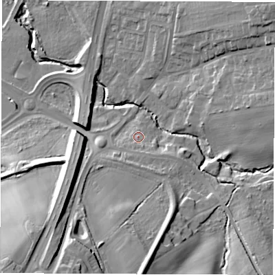 Shaded relief map of the ground around DH59NW, computed from Environment Agency LiDAR. The ground here sits at about 57 m above sea level and falls 33 m across the surrounding 800 m. Surface water reaching this point runs off ground lying to the south-south-east, 4.7 m higher.