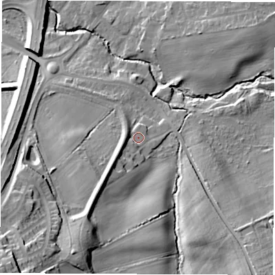 Shaded relief map of the ground around DH59PD, computed from Environment Agency LiDAR. The ground here sits at about 62 m above sea level and falls 39 m across the surrounding 800 m. Surface water reaching this point runs off ground lying to the south-west, 8.2 m higher.