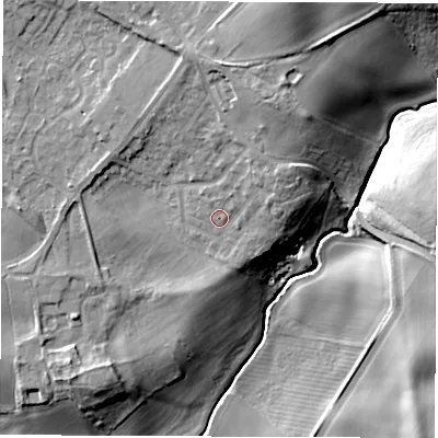 Shaded relief map of the ground around DH61AH, computed from Environment Agency LiDAR. The ground here sits at about 91 m above sea level and falls 29 m across the surrounding 800 m. Surface water reaching this point runs off ground lying to the north-east, 5.2 m higher.