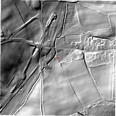 Shaded relief map of the ground around DH61BP, computed from Environment Agency LiDAR. The ground here sits at about 77 m above sea level and falls 34 m across the surrounding 800 m. Surface water reaching this point runs off ground lying to the east-south-east, 31.1 m higher.