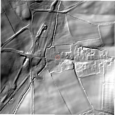 Shaded relief map of the ground around DH61BQ, computed from Environment Agency LiDAR. The ground here sits at about 78 m above sea level and falls 43 m across the surrounding 800 m. Surface water reaching this point runs off ground lying to the south-east, 39.0 m higher.
