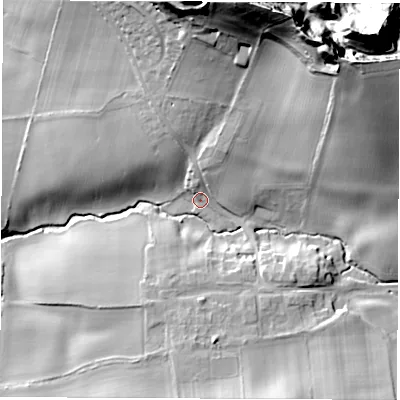 Shaded relief map of the ground around DH61LQ, computed from Environment Agency LiDAR. The ground here sits at about 100 m above sea level and falls 51 m across the surrounding 800 m. Surface water reaching this point runs off ground lying to the north-north-east, 8.0 m higher.