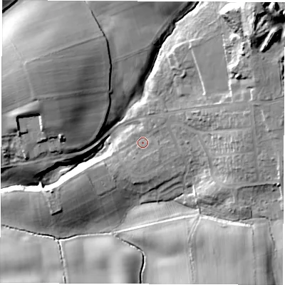 Shaded relief map of the ground around DH61LZ, computed from Environment Agency LiDAR. The ground here sits at about 123 m above sea level and falls 33 m across the surrounding 800 m. Surface water reaching this point runs off ground lying to the east, 10.6 m higher.