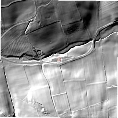 Shaded relief map of the ground around DH61NJ, computed from Environment Agency LiDAR. The ground here sits at about 109 m above sea level and falls 45 m across the surrounding 800 m. Surface water reaching this point runs off ground lying to the south, 12.8 m higher.