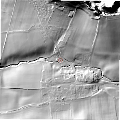 Shaded relief map of the ground around DH61NR, computed from Environment Agency LiDAR. The ground here sits at about 99 m above sea level and falls 50 m across the surrounding 800 m. Surface water reaching this point runs off ground lying to the north-north-east, 28.7 m higher.